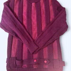 Vintage 80s Suede & Wool Sweater – Zip Neck, Bold Stripes - Burgundy